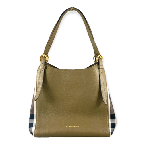 BURBERRY Leather Check Tote in Olive 2