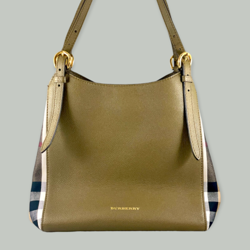 BURBERRY Leather Check Tote in Olive 1