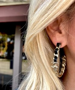 Chanel Black Leather Chain Detail Gold Tone Hoop Earrings Chanel