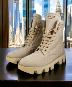 Size 38.5 | Prada Canvas Combat Boots in Nude