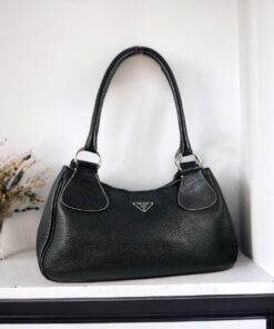 Prada Logo Pebble Leather Shoulder Bag in Black