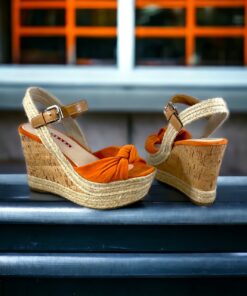 Size 35.5 | Prada Suede Cork Wedge Sandals in Orange