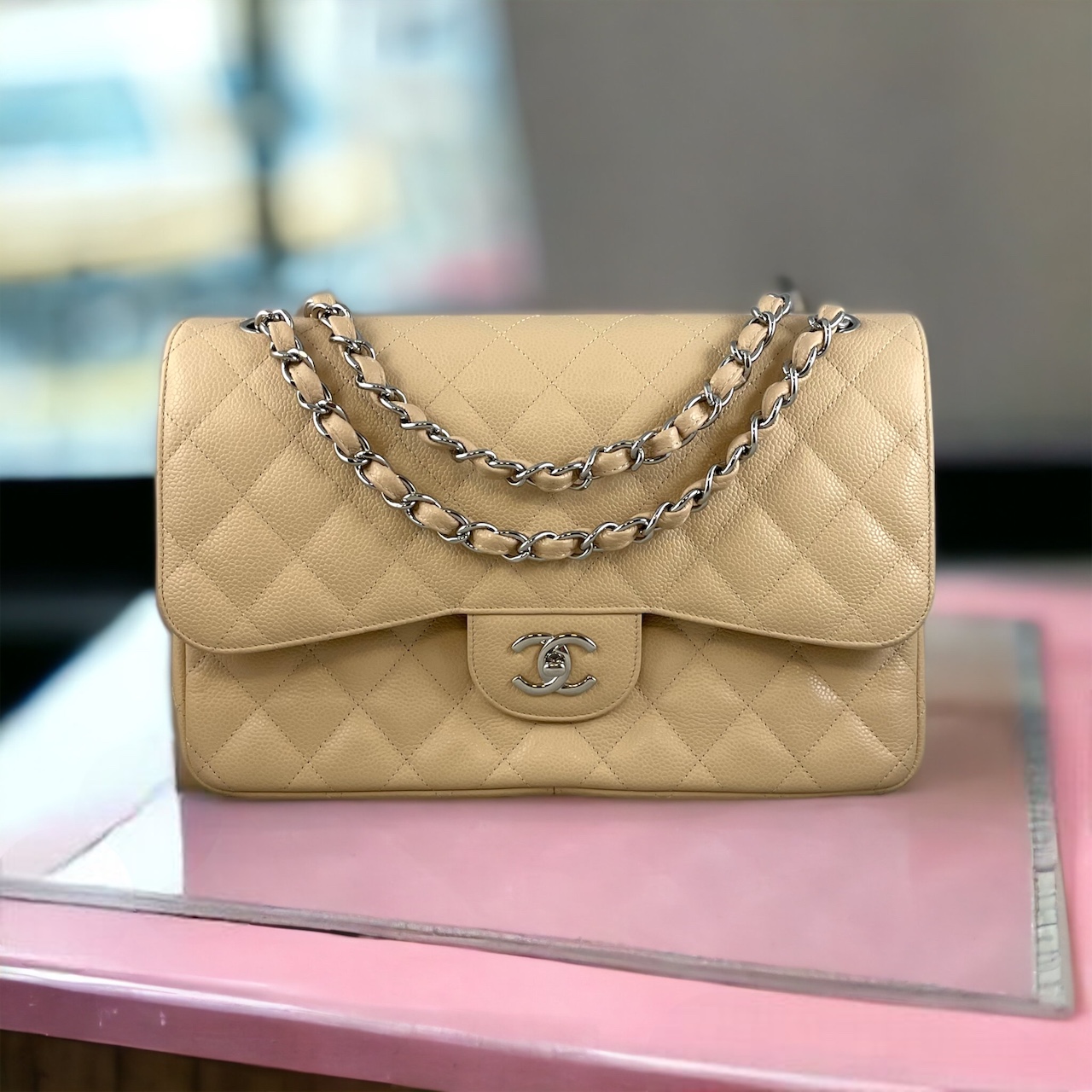 Chanel Caviar Double Flap Bag in Beige Clair
