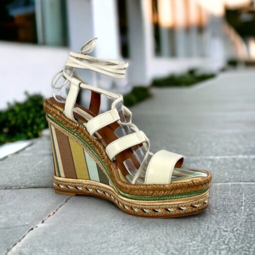 Size 39 | Valentino Striped Wedge Sandals in Ivory