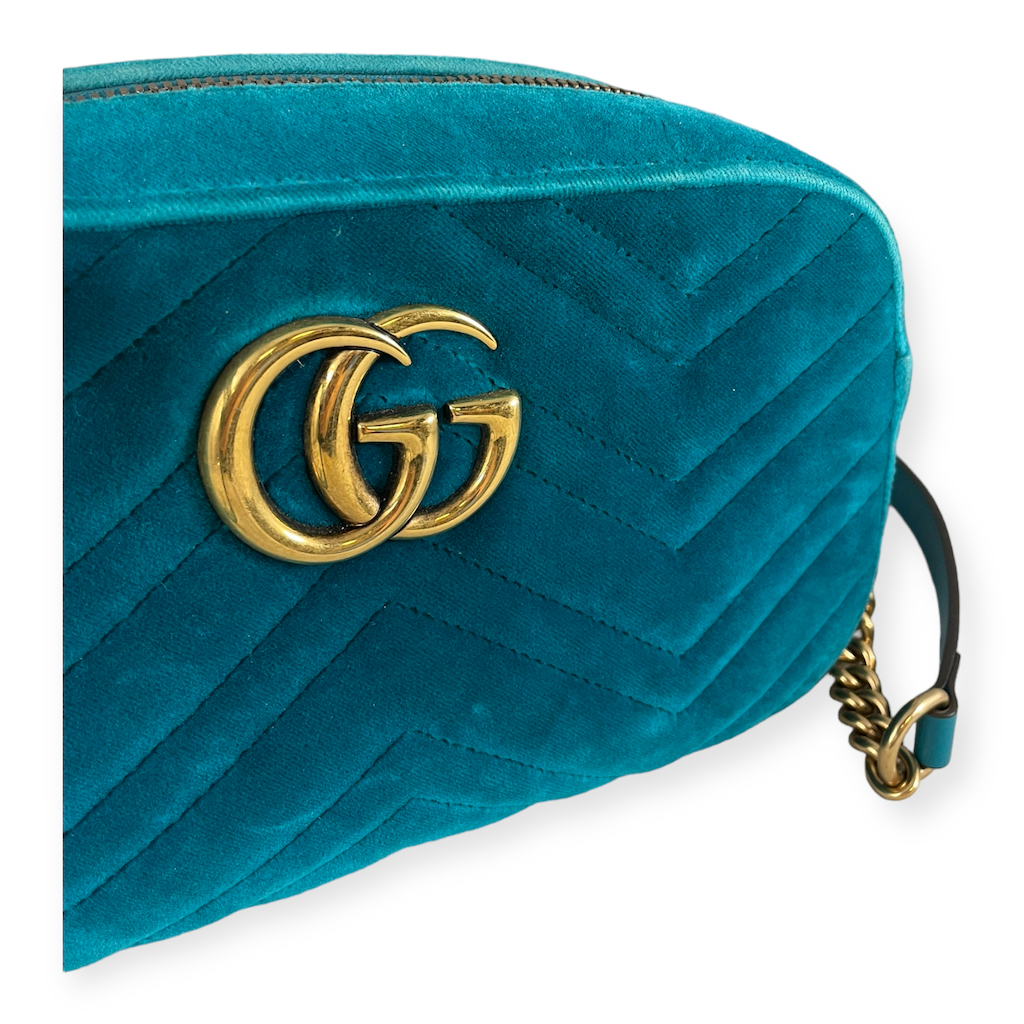 Gucci Velvet GG Marmont Shoulder Bag Pavone Cyan | MTYCI