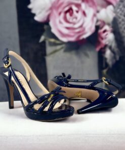 Size 37.5 | Prada Patent Bow Sandals in Blue