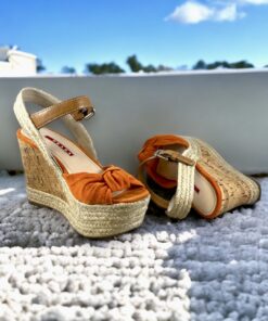 Size 35.5 | Prada Suede Cork Wedge Sandals in Orange