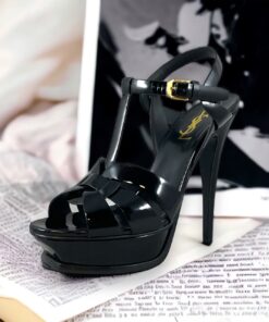 Size 38 | SAINT LAURENT Patent Tribute Sandals in Black