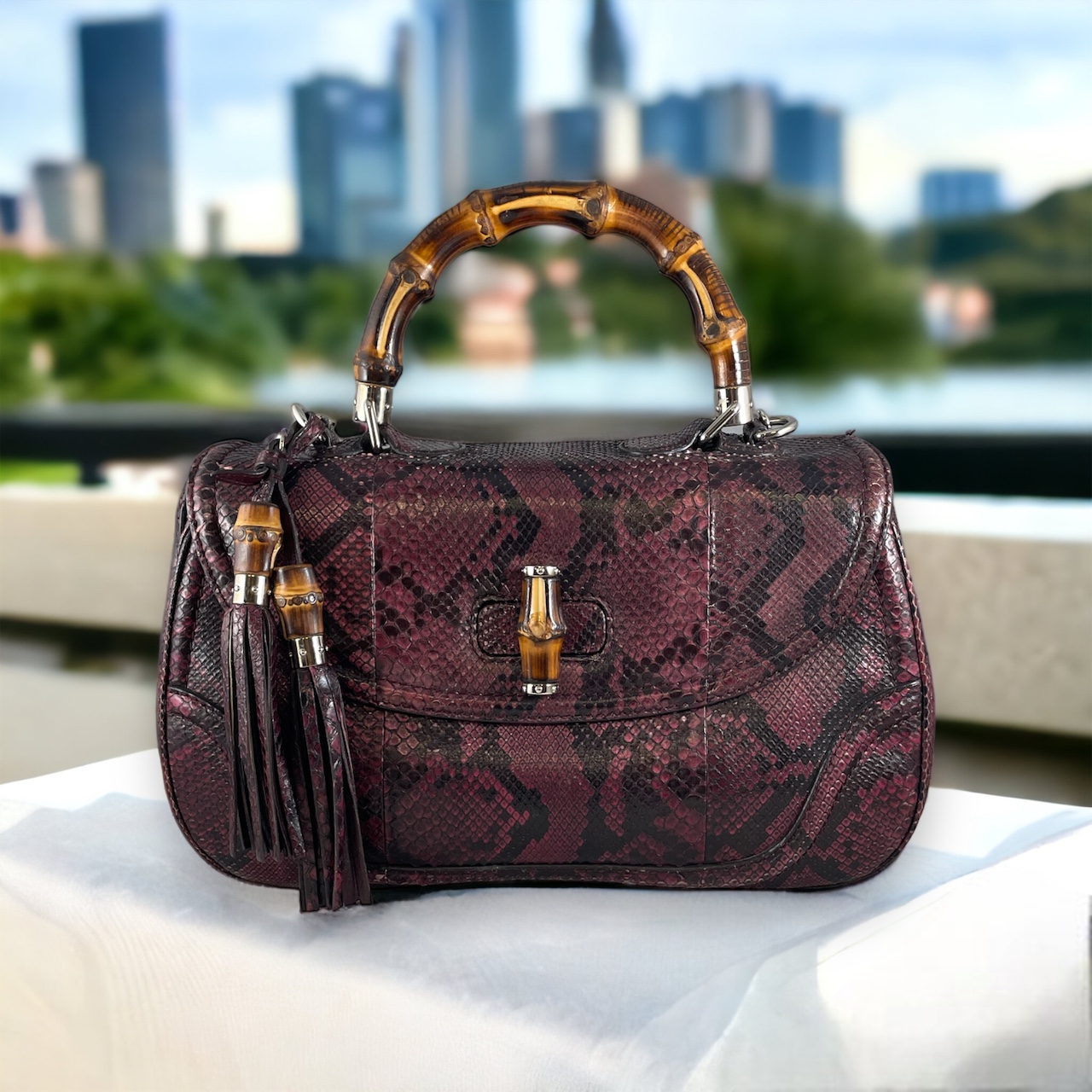 Gucci Bamboo Python Top Handle Bag in Wineberry | MTYCI