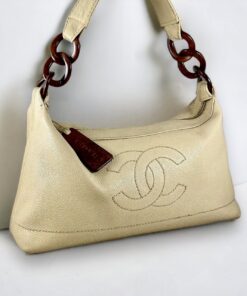 Chanel White Caviar CC Wood Chain Hobo Bag
