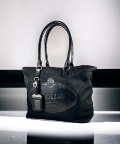 Prada Vitello Phenix Black Leather Web Stripe Crossbody Satchel Bag, Handbags, Clothing & Accessories
