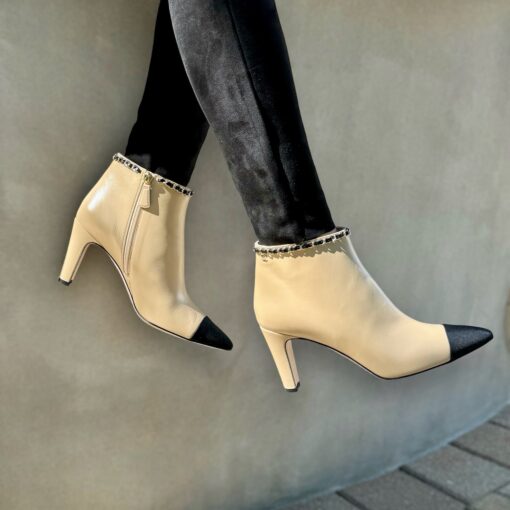 Size 40.5 | Chanel Cap Toe Studded Booties in Beige