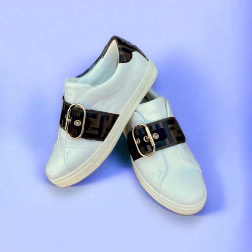 Size 36.5 | Fendi Logo Strap Leather Sneakers in White