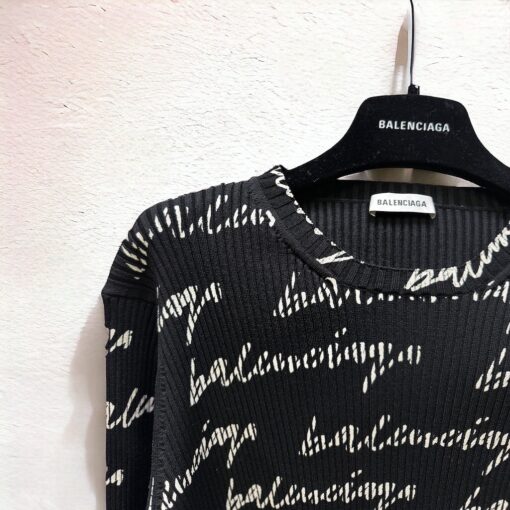 Balenciaga Logo Allover Ribbed Knit Top in Black | Size Small