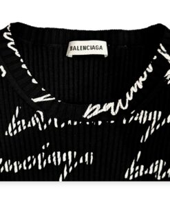 Balenciaga Logo Allover Ribbed Knit Top in Black | Size Small 6