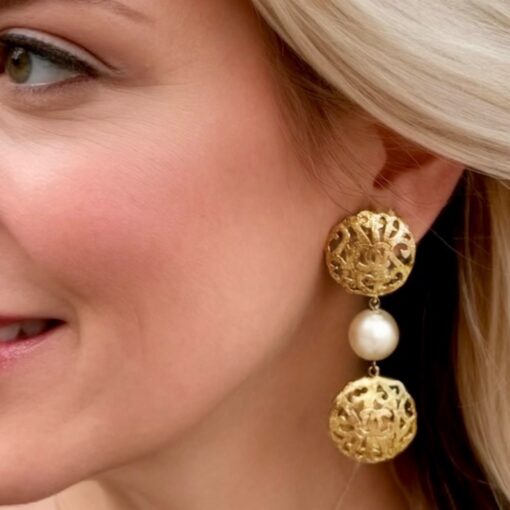 Chanel Filigree Pearl Drop Earrings in Gold