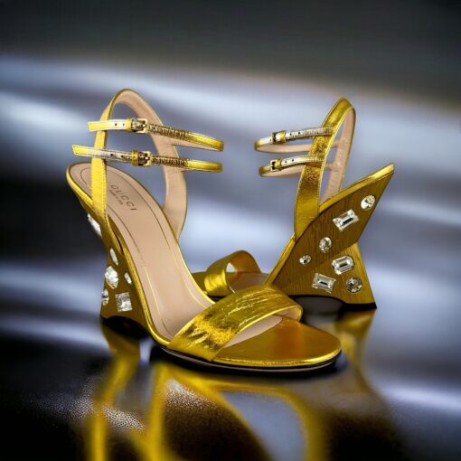 Gucci Crystal Wedge Sandals in Gold | Size 39.5